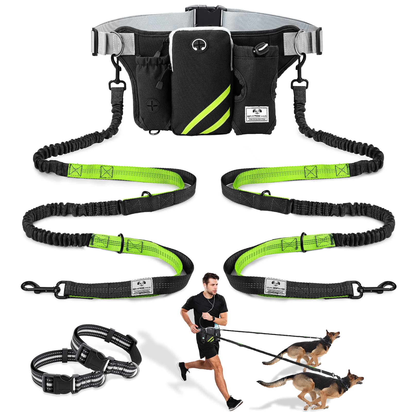 Photo 1 of SHINE HAI Retractable Hands Free Dog Leash with Dual Bungees for 2 Dogs, Adjustable Waist Belt, Reflective Stitching Leash for Running Walking Hiking Jogging Biking Black - Green