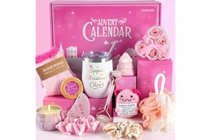 CUPLOOV Spa Advent Calendar 2025 Adult Women Teen Girls - Christmas Bath Advent Calendar for Mom, Wife, Girlfriend, Sister, Her - Pink Spa Gifts Basket Set with Mugs, Bath Bomb, Shower Steamer, Candle & Relaxing GuaSha Tools
