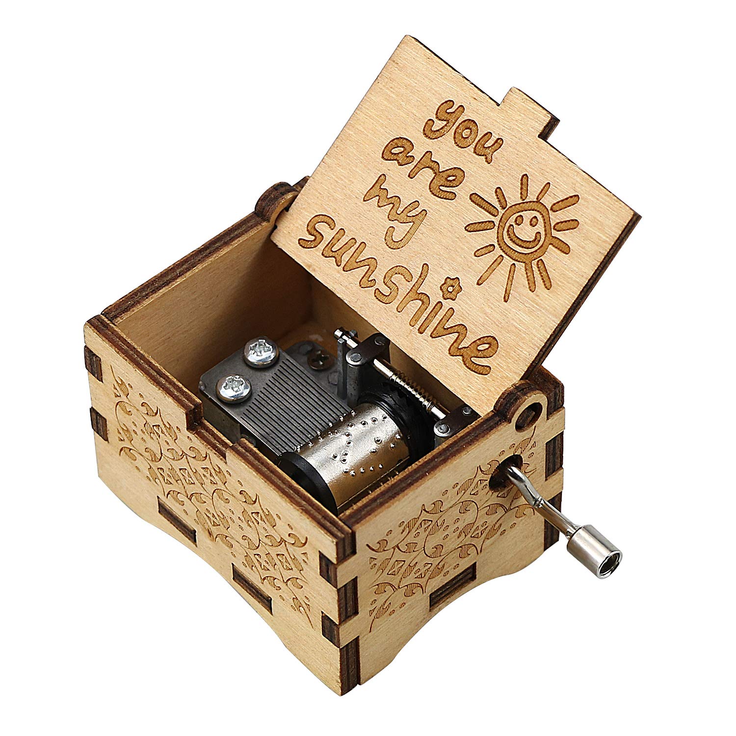 uwows Vintage Wood Hand Crank Music Box You are My Sunshine Gift for Familier Lover Birthday/Christmas/Valentine's Day (Wood-You are my sunshine)