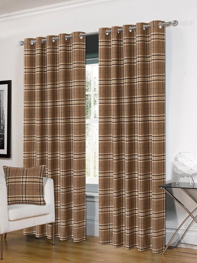 66" x 90" Natural Beige Tartan Check Stripe Plaid Woven Ringtop