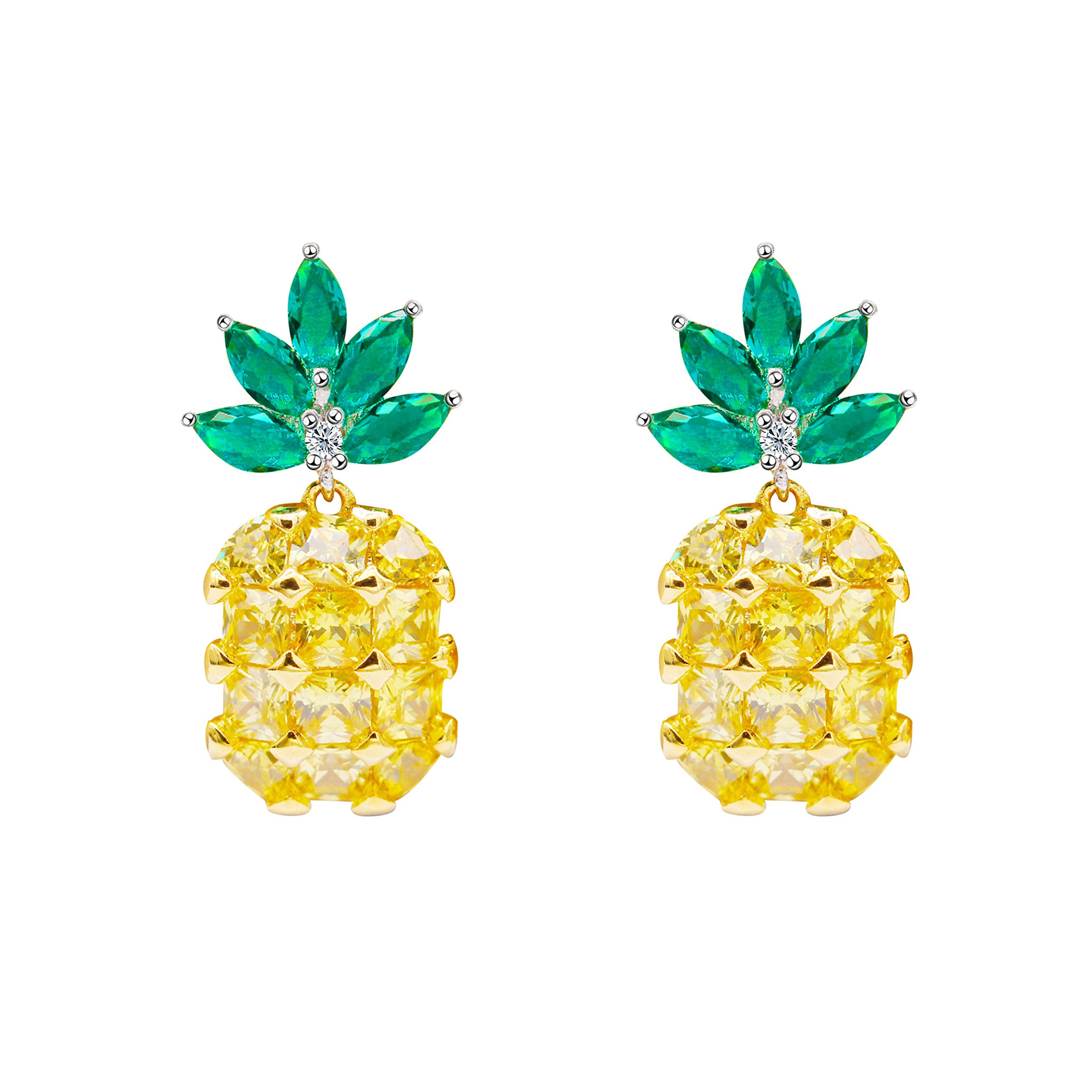 Uloveido Girls Cute Fruit Pineapple Studs Earrings for Women, Yellow Cubic Zirconia White Gold Plated Earrings Jewellery Gift for Girls PR001