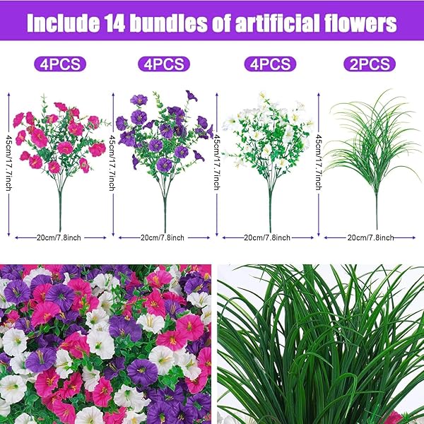 INQCMY ARTIFICIAL FLOWERS FOR OUTDOORS, 12 BUNDLES UV RESISTANT FAKE MORNING GLORY AND 2 BUNDLES GREENERY GRASS, SILK FAUX PLANTS FOR GARDEN PORCH PATIO HOME DECOR
