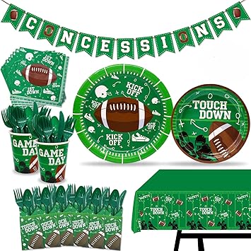 Partyzubehor Set Mit Fussball Motiven Inklusive Spruchstander Banner Teller Becher Servietten Kunststoff Tischdecke Heckklappe Partyzubehor Super Bowl Sonntag Oder Nfl Party Zubehor Amazon De Spielzeug