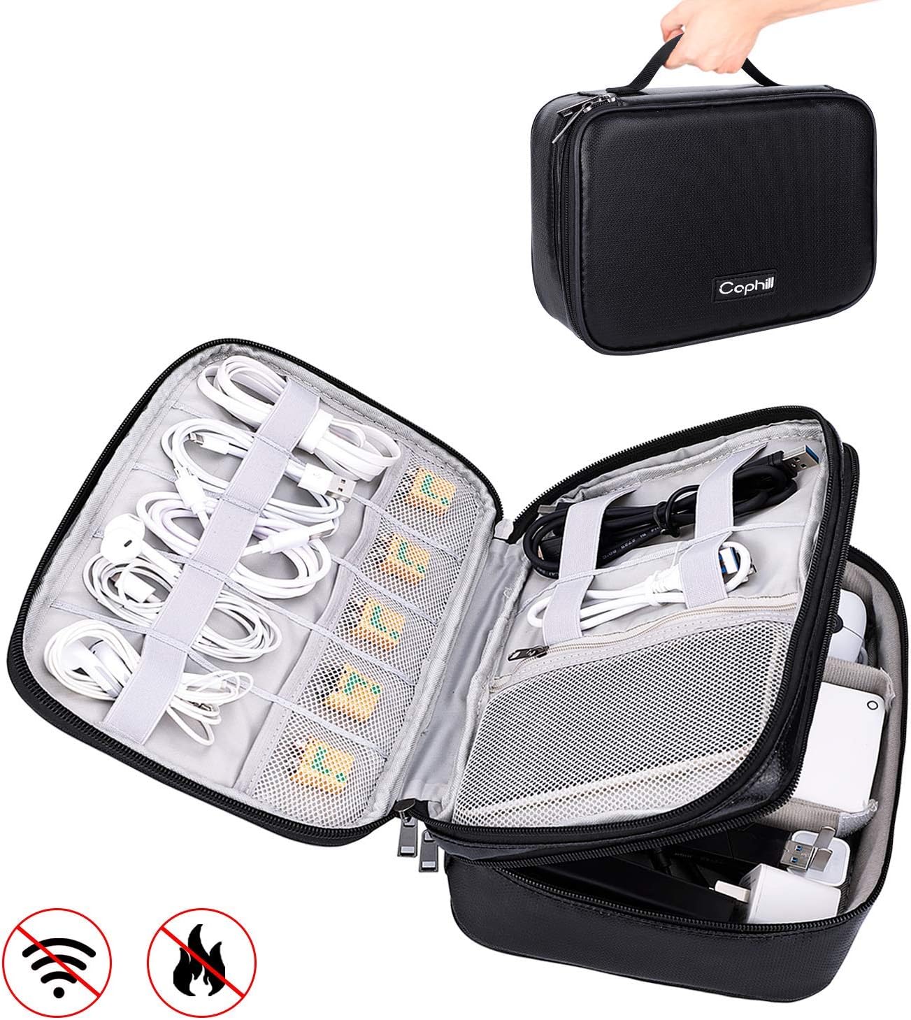 Fireproof Safe Bag Cable Organizer Case,Non-Itchy Silicone Coated Fire & Water Resistant, Electronic Accessories Safe Organizer Storage for Cables,Charger,etc
