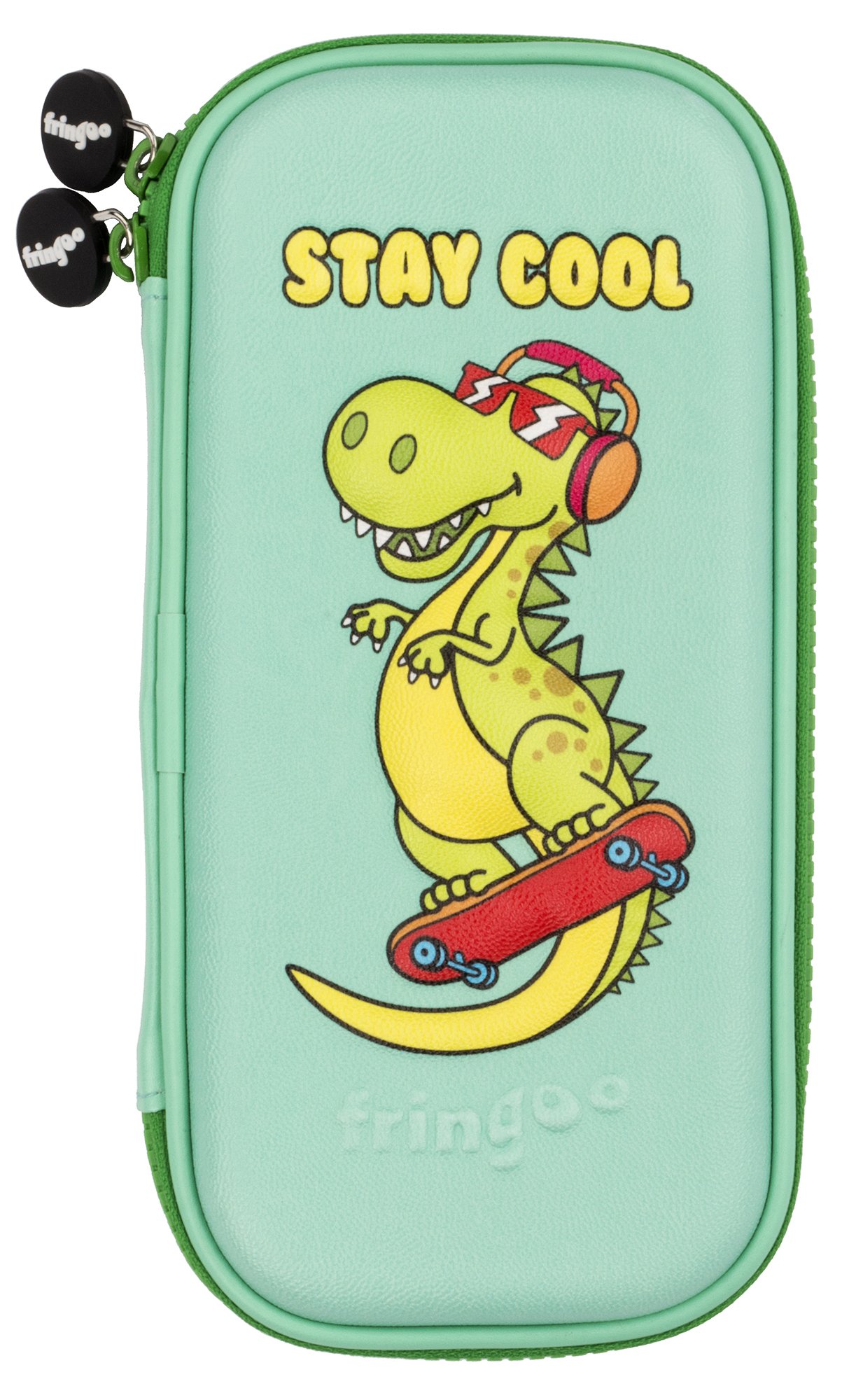 Fringoo - Kids Pencil Case - Stay Cool Skater Dino Design - Green Pencil Case - Stationery Holder - Large - Embossed Hardtop - Double Zipper