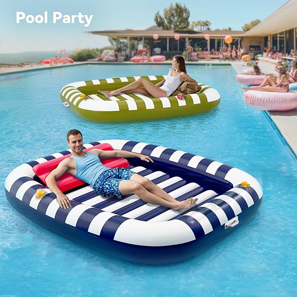 POOL WAVE INFLATABLE POOL LOUNGER FLOATS W/WATER SPRINKLER, 80″ X 66″ LARGE TANNING BED FOR ADULT KIDS, OUTDOOR SUN BATHING FLOATING BLOW UP RAFT W/PILLOW, SUMMER BEACH LAKE FAMILY PARTY GIFT – BLUE