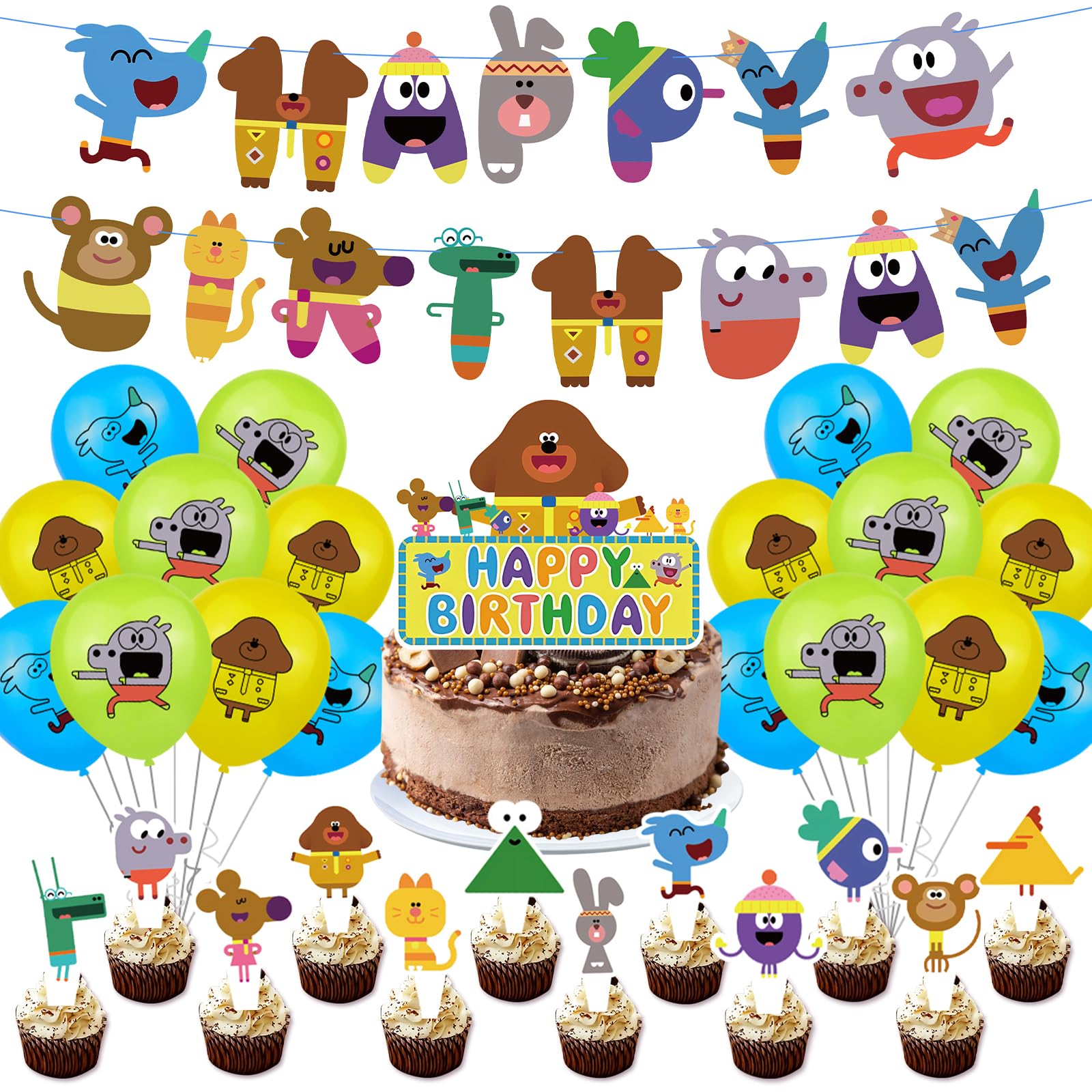 Luclay DQ 2 Dugg-ee Balloons Happy Birthday Banner, Birthday Decoration for Boys - love Cartoon Hey Dugg-ee - Happy Birthday Balloons Party Decorations - Include Cake Toppers, Latex Balloons — image 1
