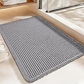 Siyaluens Luxury Waffle Bath Mat, Super Absorbent Non Slip Bathroom Rugs, Boho Ultra Soft Comfort Machine Washable Quick Dry Floor Mats with Tassels (Grey, 17" x 24")