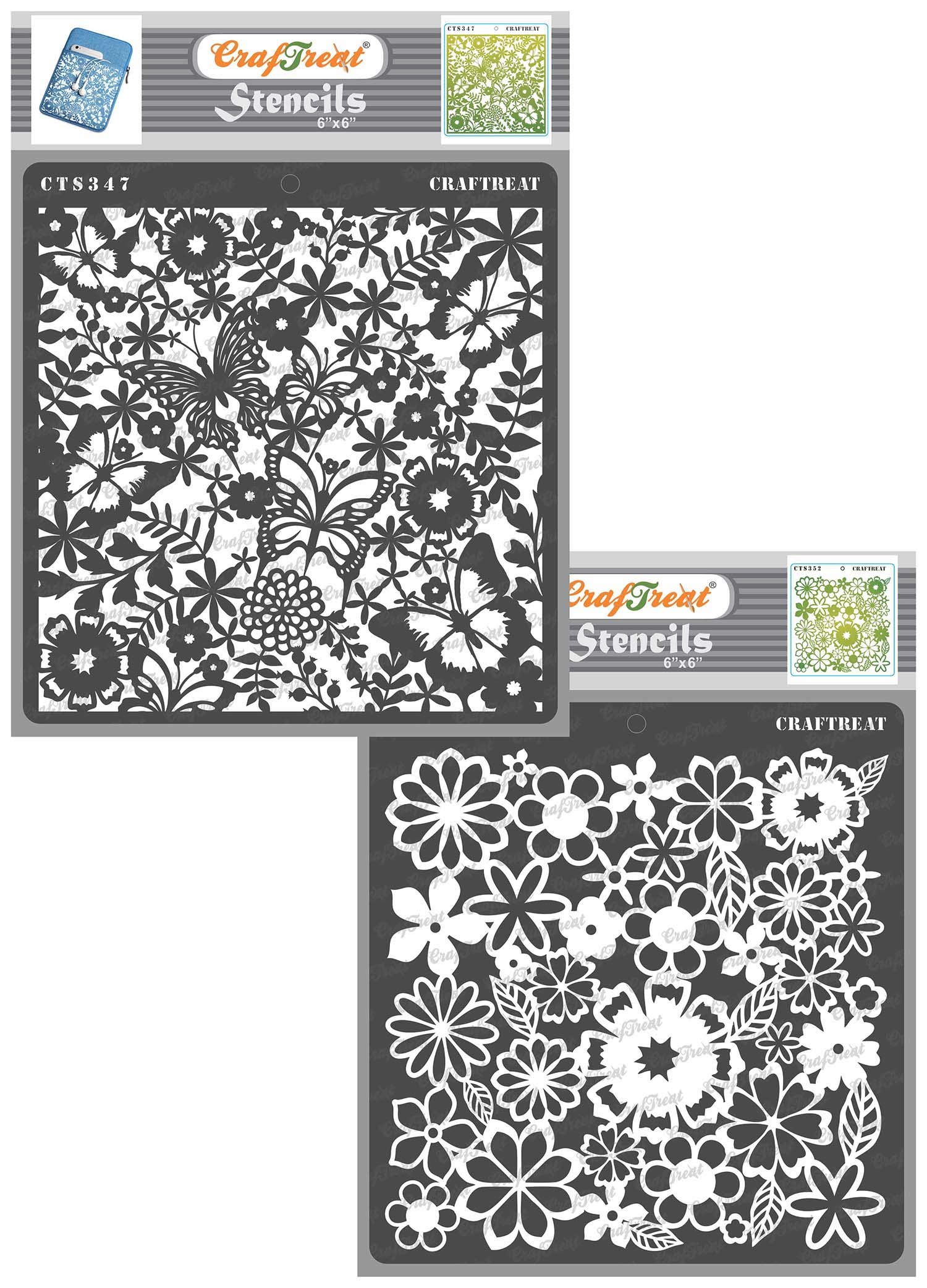 CrafTreat Reusable Mixed Media Stencils for Painting on Wood, Canvas, Paper, Fabric, Wall and Tile - Butterfly Delight and Brimming Blooms (2 Pcs) -6X6 Inch Each - DIY Art and Craft Stencils