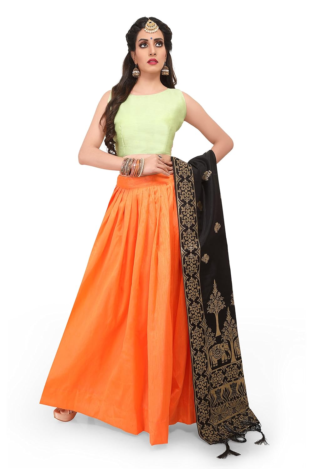 voolka orange and honeydew women fully stitched lehenga choli