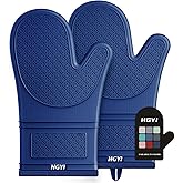 Silicone Oven Mitts, Heat Resistant Oven Gloves with Quilted Liner, Waterproof & Non-Slip Kitchen Mittens for Baking Cooking BBQ, 500°F, 12.5"-Madnight Blue