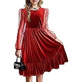 Arshiner Girls Dresses Contrast Mesh Velvet Long Sleeve A-Line Vintage Party Dress with Pockets