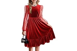 Arshiner Girls Dresses Contrast Mesh Velvet Long Sleeve A-Line Vintage Party Dress with Pockets