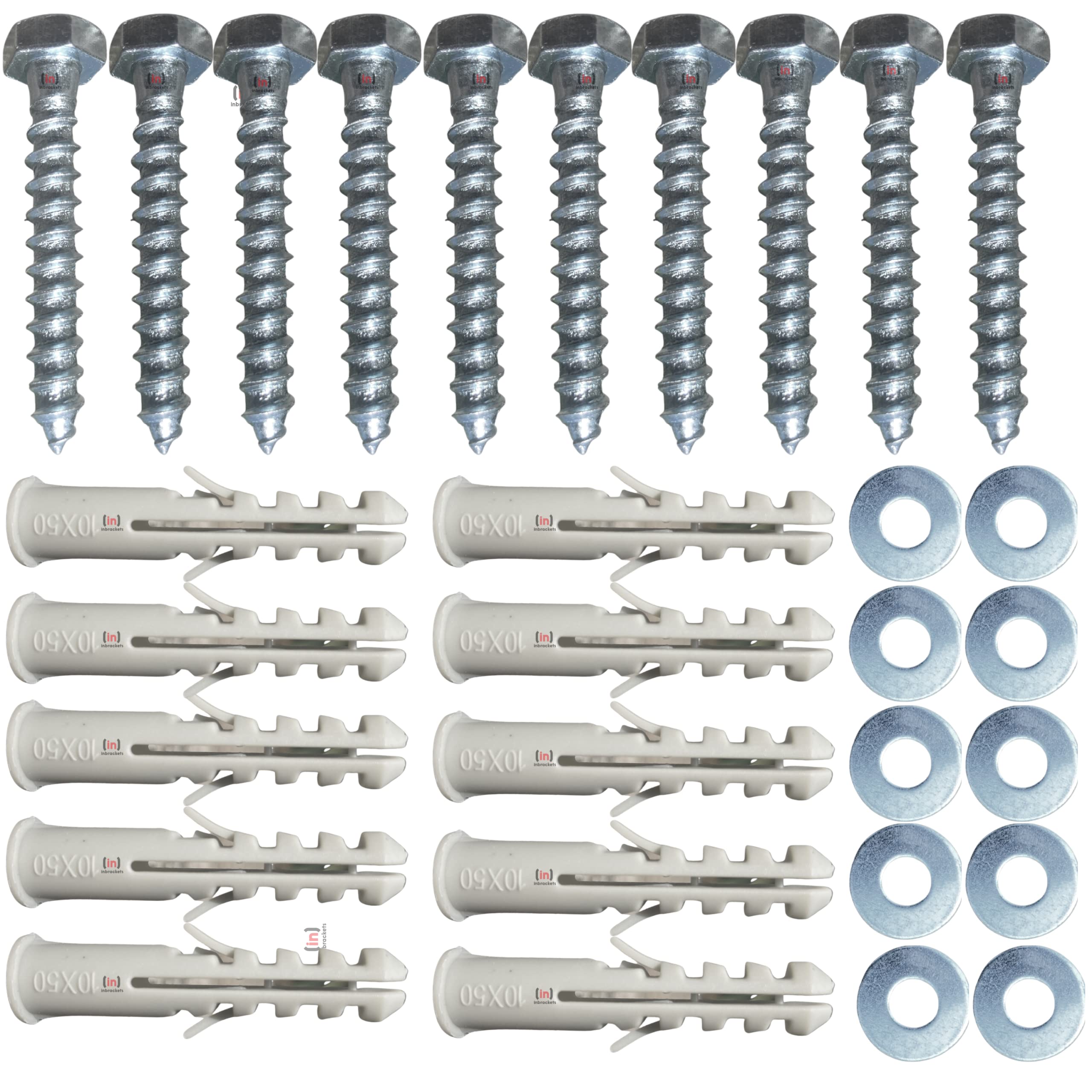 Inbrackets Heavy Duty M8 x 50mm Masonry Brick Wall Fixing Screw Bolts with Plugs & Washers for Aerial Satellite Sky Dish Tv Bracket Fence Shelves Mounting (Pack of 10)