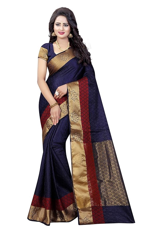 SATYAM WEAVES Women's Cotton Silk Navy Blue Colour Saree With Blouse Piece: Amazon.in: Clothing 