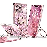 XYZ for iPhone 16 Pro Max Case, Glitter Bling Phone Cover with 2-Ring Heart Stand & Lanyard, Women Girls Luxury Rhinestone Shockproof Protective Case for iPhone 16 Pro Max, Pink