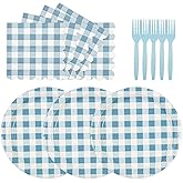 KFJBPB 75 Pcs Blue Gingham Paper Plates and Napkins Party Supplies, Disposable Checkered Plates Napkins Plaid Party Decor for Baby & Bridal Shower Wedding Birthday Serves 25 (Blue)