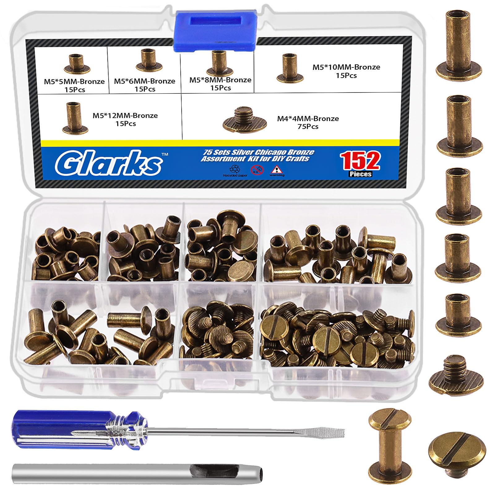Glarks 150 Sets Bronze Chicago Screws Assorted Kit, M5 x 5mm, 6mm, 8mm, 10mm, 12mm Chicago Rivets and 4x4mm Flat Head Stud Screw, Nail Rivet Chicago Button Screw Posts Metal Accessories