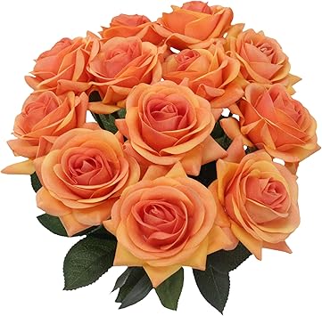 Amazon Com Jarown Light Orange Roses Artificial Flowers With Stems Leaves 12pcs 16 93 Inches Furniture Decor