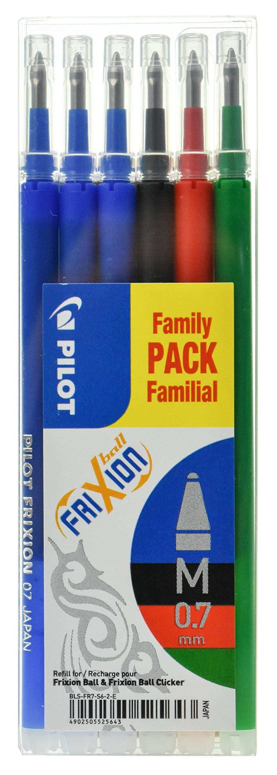 Pilot Frixion 0.7 mm Tip Pilot Refill for Rollerball Pen - Assorted Colours (Pack of 6)