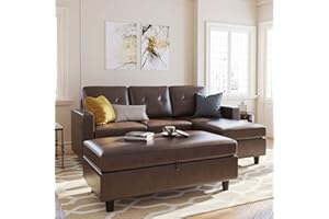 HONBAY Faux Leather Sectional Couch with Ottoman Sectional Sofa Set with Reversible Chaise L Shape Couch with Storage Ottoman (Brown)