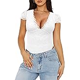 Saslax Women's Sexy Deep V Neck Short Lace Bodysuit Double Lined Body Suit Thong Going Out Tank Tops