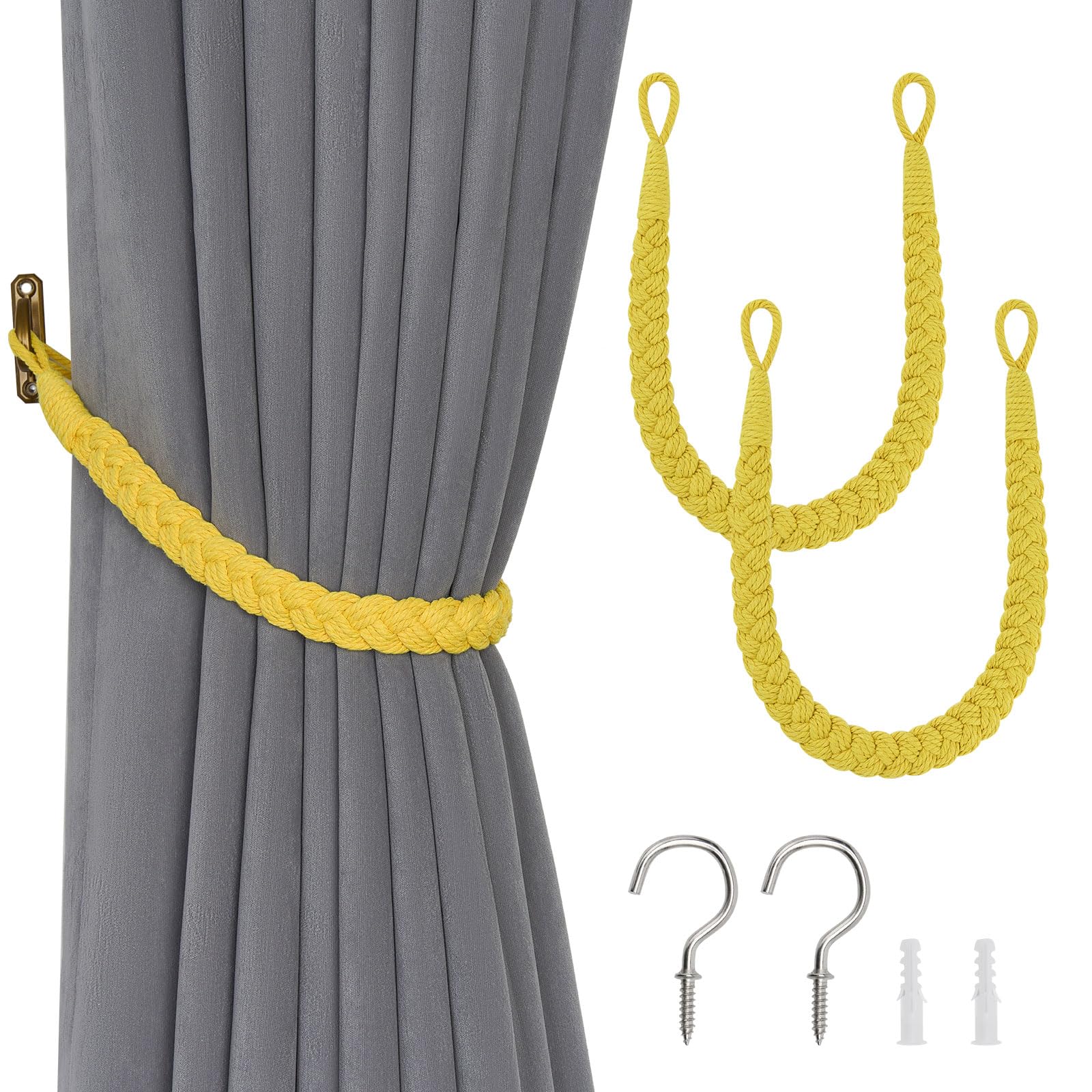 Pretty Jolly 2 Pack Natural Cotton Rope Curtain Tiebacks Elegant Boho Style Decorative Drape Tie Backs Soft Hand-Woven Rope Curtain Holdbacks with Metal Hook for Home & Office Drapery (Yellow)
