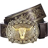 Western Cowboy Belts for Men Women,Western Belt with Bull Buckle, Country Longhorn Bull PU Leather Belt for Jeans