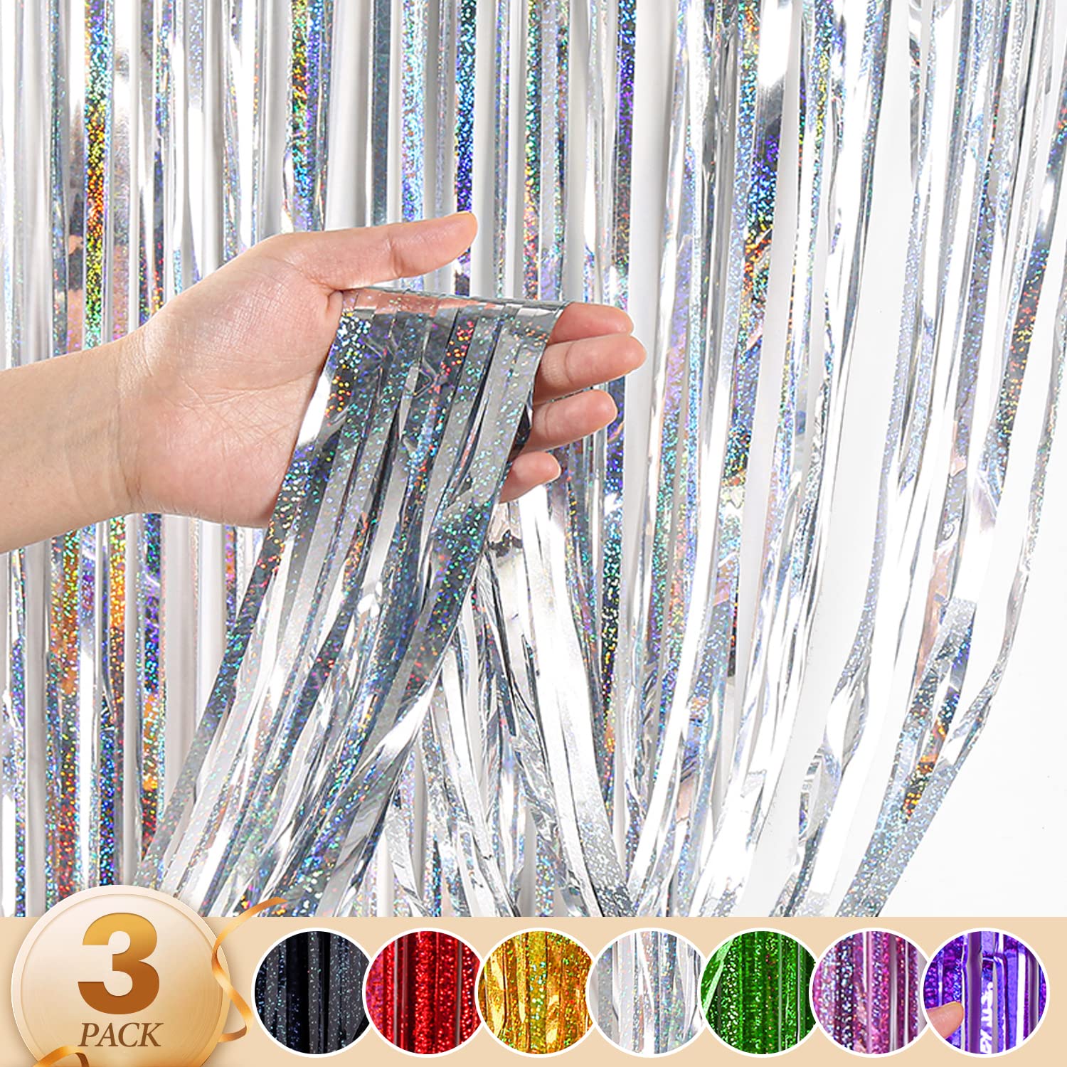 WenYa 3 Pack Foil Fringe Curtains Party Decorations, 3.3ft x 6.6ft Glitter Fringe Rain Curtain, Photo Booth Streamer Tinsel Curtain Streamer for Wedding Christmas (Silver)