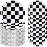 FALIZIFU 50 Pcs Checkered Paper Plates 7 Inch Black and White Checkered Dessert Plates Disposable Dinner Plates for Racing Theme Party Birthday Baby Shower Decoration Race Car Paper Plates