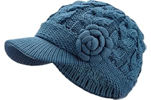 BE YOUR OWN STYLE Womens Winter Elegant Cable Flower Knitted Newsboy Cabbie Cap Beret Beanie Hat with Visor, Warm Plush Fleece Lined