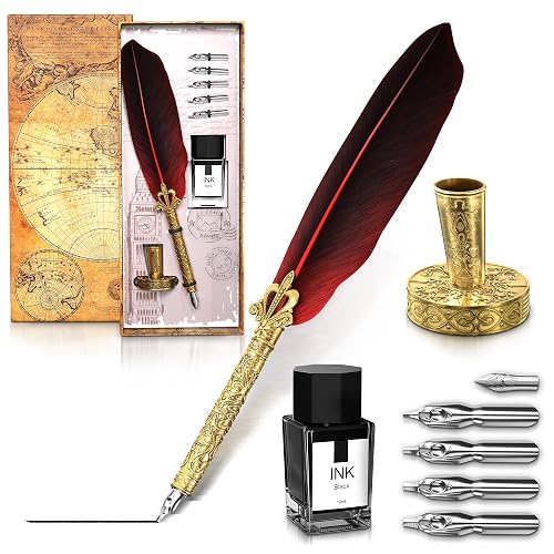 Red Feather Quill Pen and Ink Set - 11.4" Antique Feather Pen and Ink ...