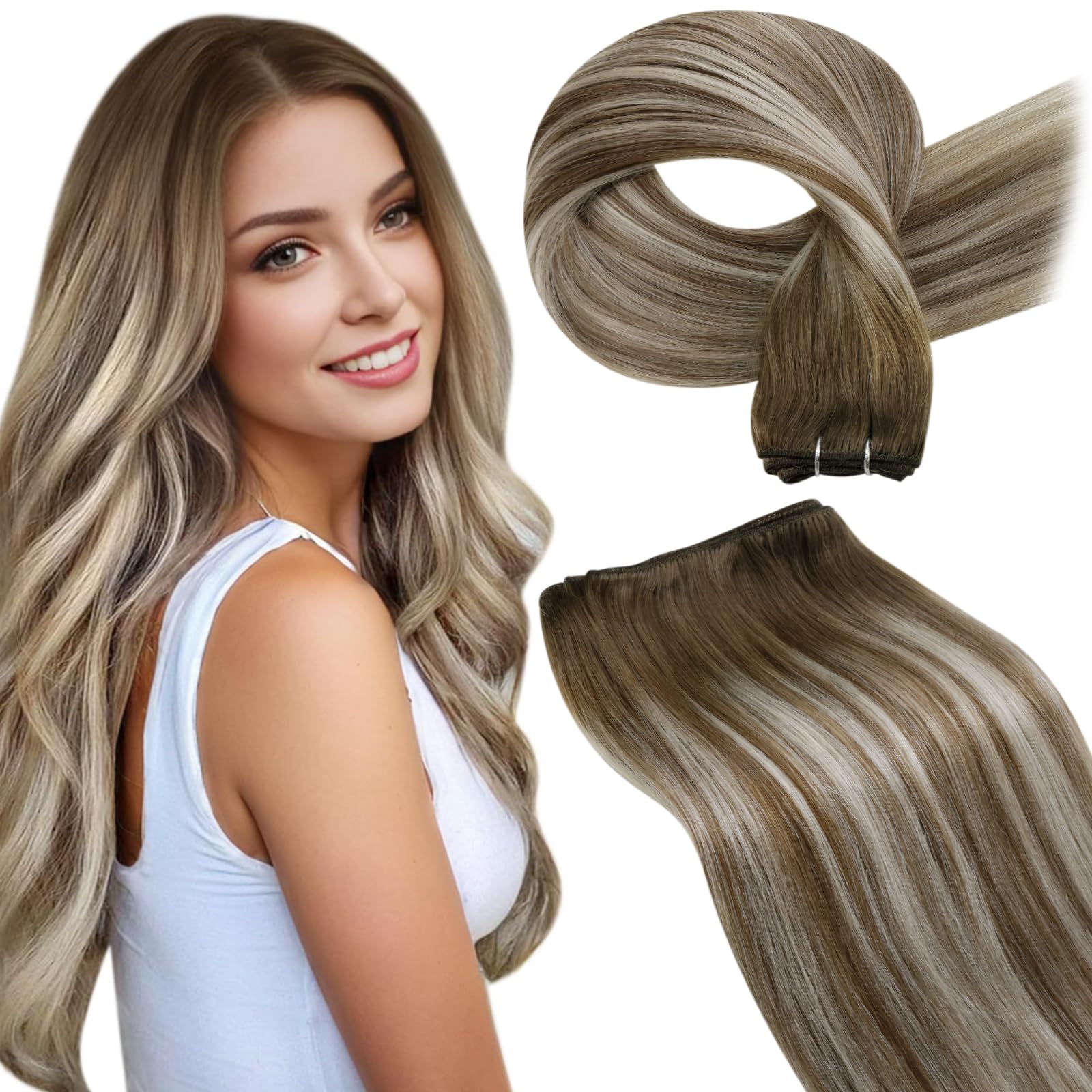 LaaVoo Weft Hair Extensions Real Human Hair 100g 16 Inch Blonde Sew in Hair Extensions Full Head Straight Balayage Brown Remy Invisible Double Weft Weave #8/60/8 — image 1
