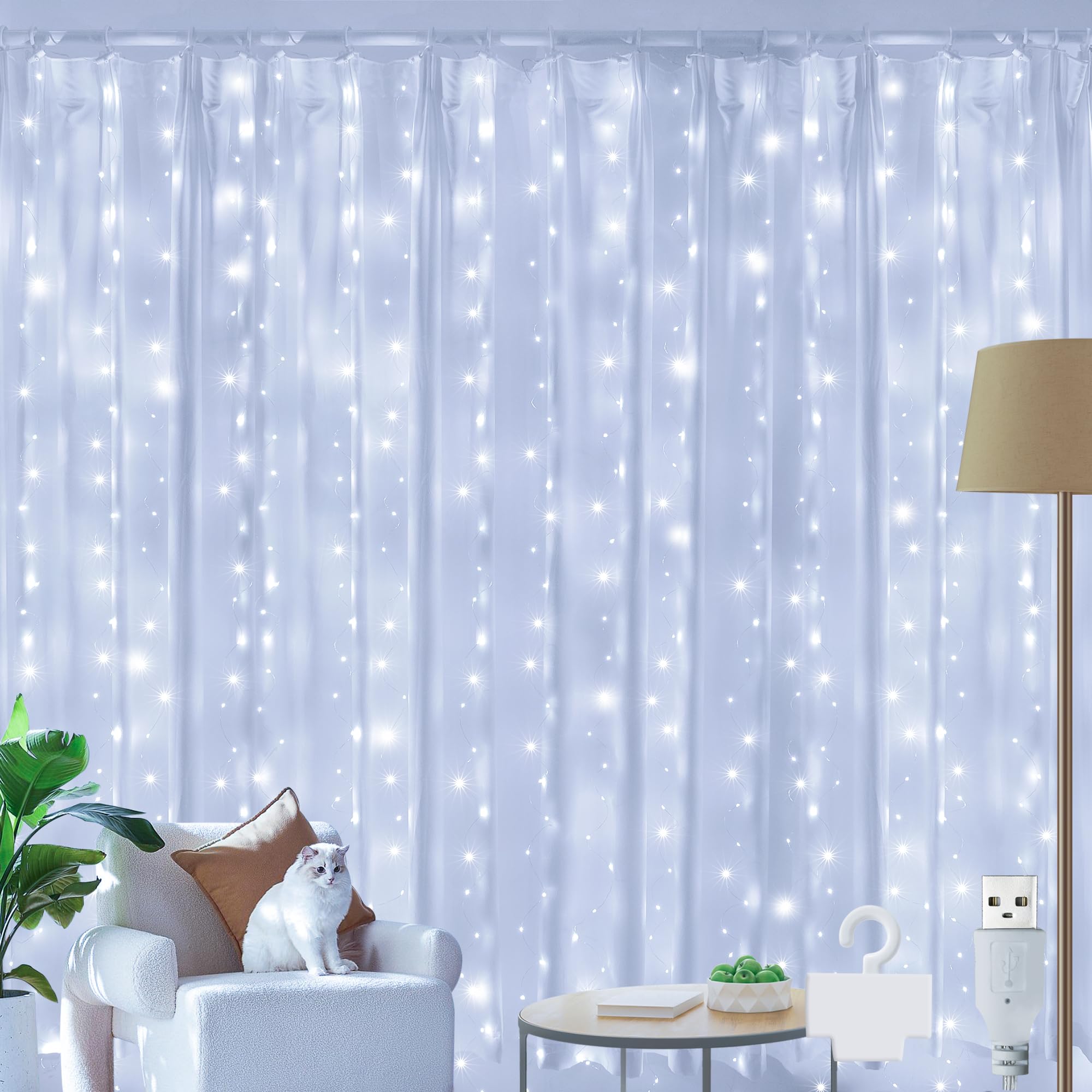 Ollny Curtain Fairy Lights, 200 LED 2m x 2m USB String Light Indoor Outdoor Waterproof Cool White Hanging Window Lights with Hooks, Bedroom/Outside/Wall/Door/House/Garden Decorstions