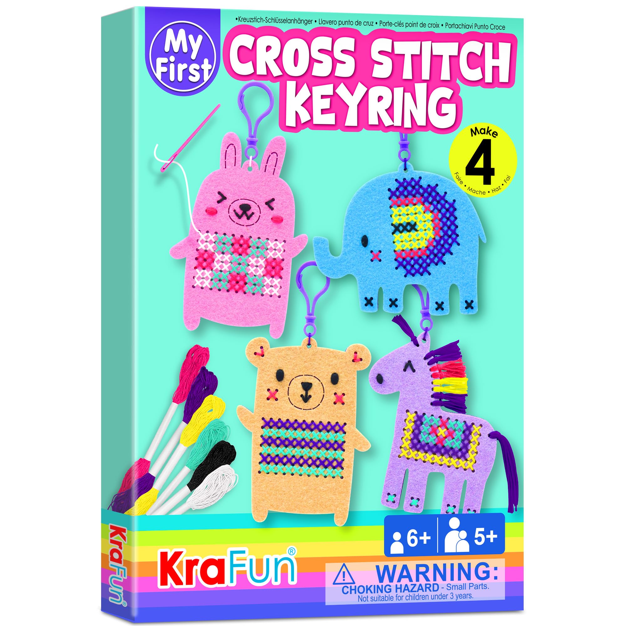 KRAFUN Animal Cross Stitch Kit for Kids Ages 5-13, 4 Beginner Arts & Crafts Keyring Projects with Unicorn, Bear, Elephant, Bunny, Instructions, Needlepoint Embroidery Gift for Girls