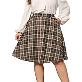 Agnes Orinda Plus Size Plaid Skirts for Women Vintage Elastic Waist Button Front A-Line Skirt with Pockets