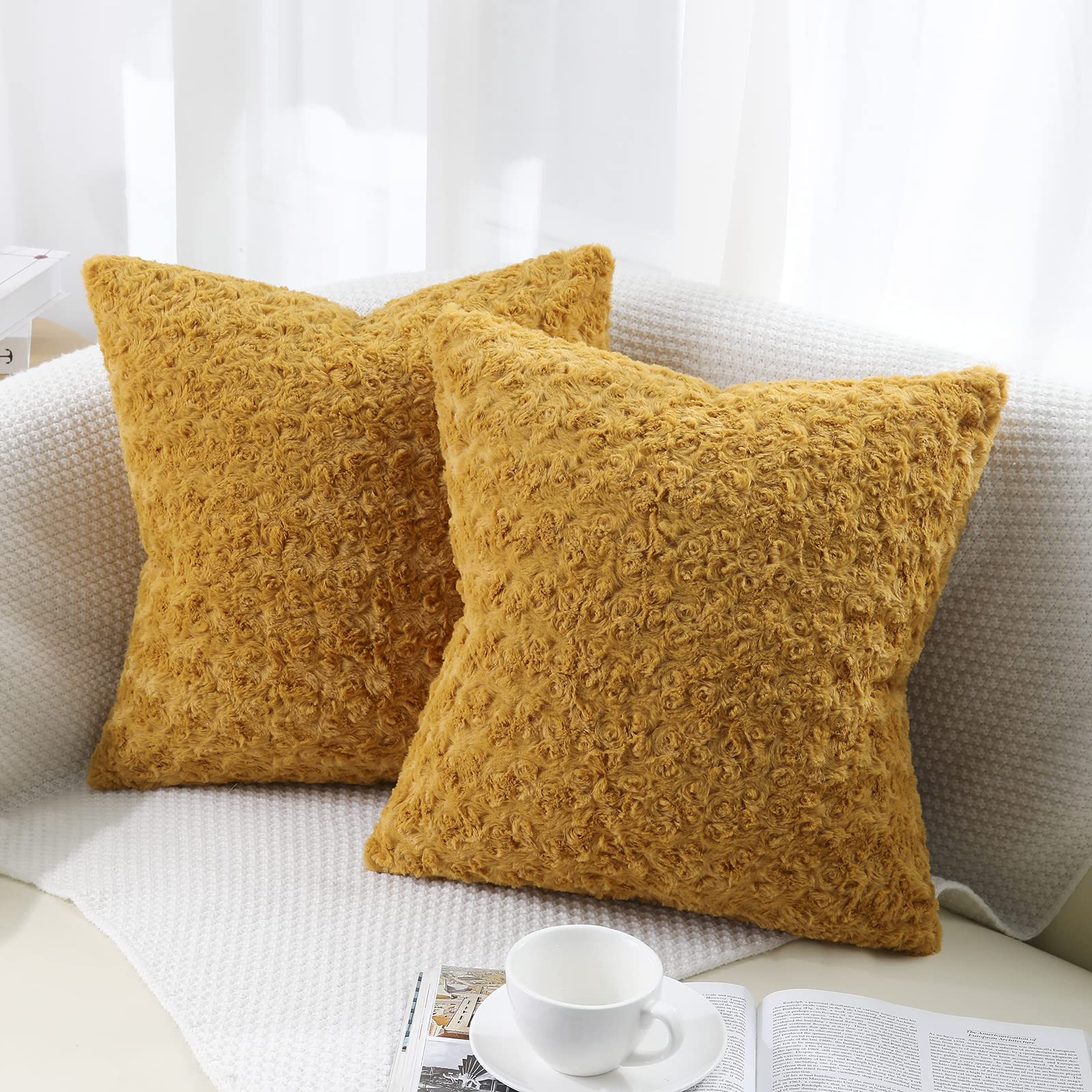 decorUhome Set of 2 Fur Cushion Covers Decorative Faux Fur Plush Fluffy Square Neutral Pillow Case for Sofa, Mustard Yellow, 18 x 18 inch/45x45cm