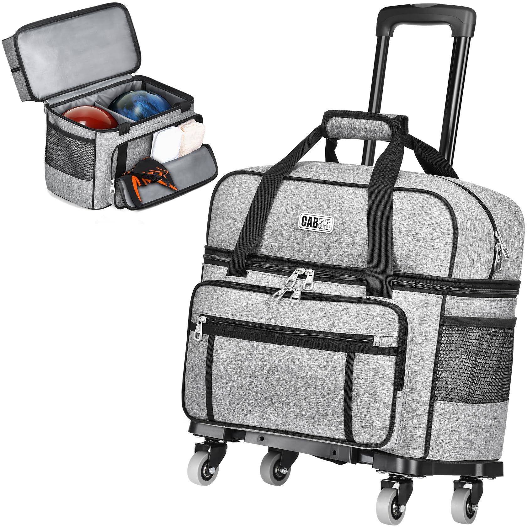 Photo 1 of CAB55 2 Ball Bowling Bag with 4 Wheels, Double Bowling Ball Bag with Separate Shoe Compartment, (Up To US Men Size 16), and Multiple Multifunctional Accessory Pockets (Gray)