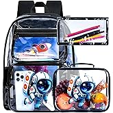 UFNDC 3PCS Clear Backpack for Girls and Boys, Unicorn Cat Transparent Bookbag, See Through School Bag for Kids Elementary
