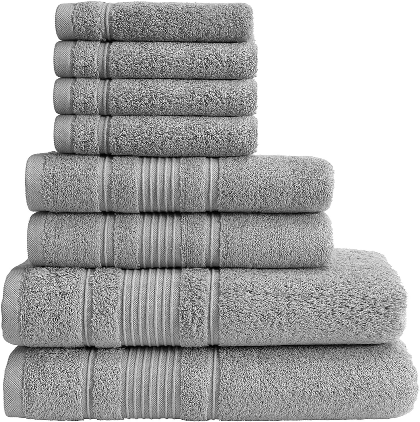 Qute Home Towel Set; 2 Bath Towels, 2 Hand Towels, and 4 Washcloths | Spa & Hotel Towels Quick Dry 100% Turkish Cotton Towel Sets for Bathroom, Shower Towel (Grey, Towel Set - Set of 8): Home & Kitchen