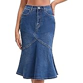 CIMUK Womens Bodycon Fishtail Denim Skirt High Waisted Ruffled Knee Length Jean Skirt