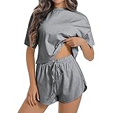 Allmloers Womens Split Short Pajama Set Striped Short Sleeve Crewneck Tee and Side Slit Sleepwear Set 2 Piece Cotton Pjs Set