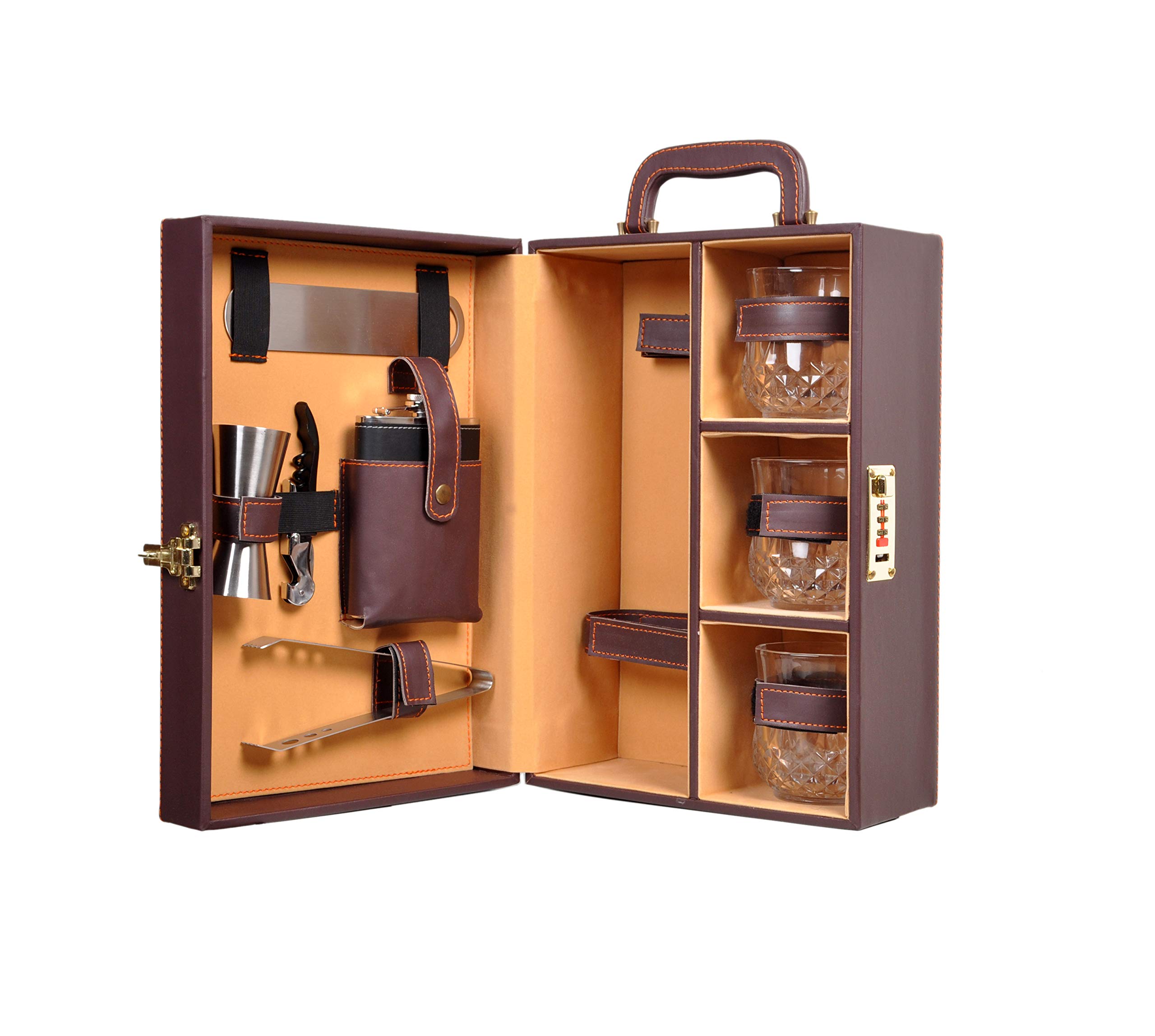 SIZITA 3 Glass Brown Pro Bar Travel Bar Set with Complete Bar Tool Accessories, Premium Travel Cocktail Set,Leatherette Bar Set, Ideal for Home, Bar, Restaurant and travel, Ideal corporate gift