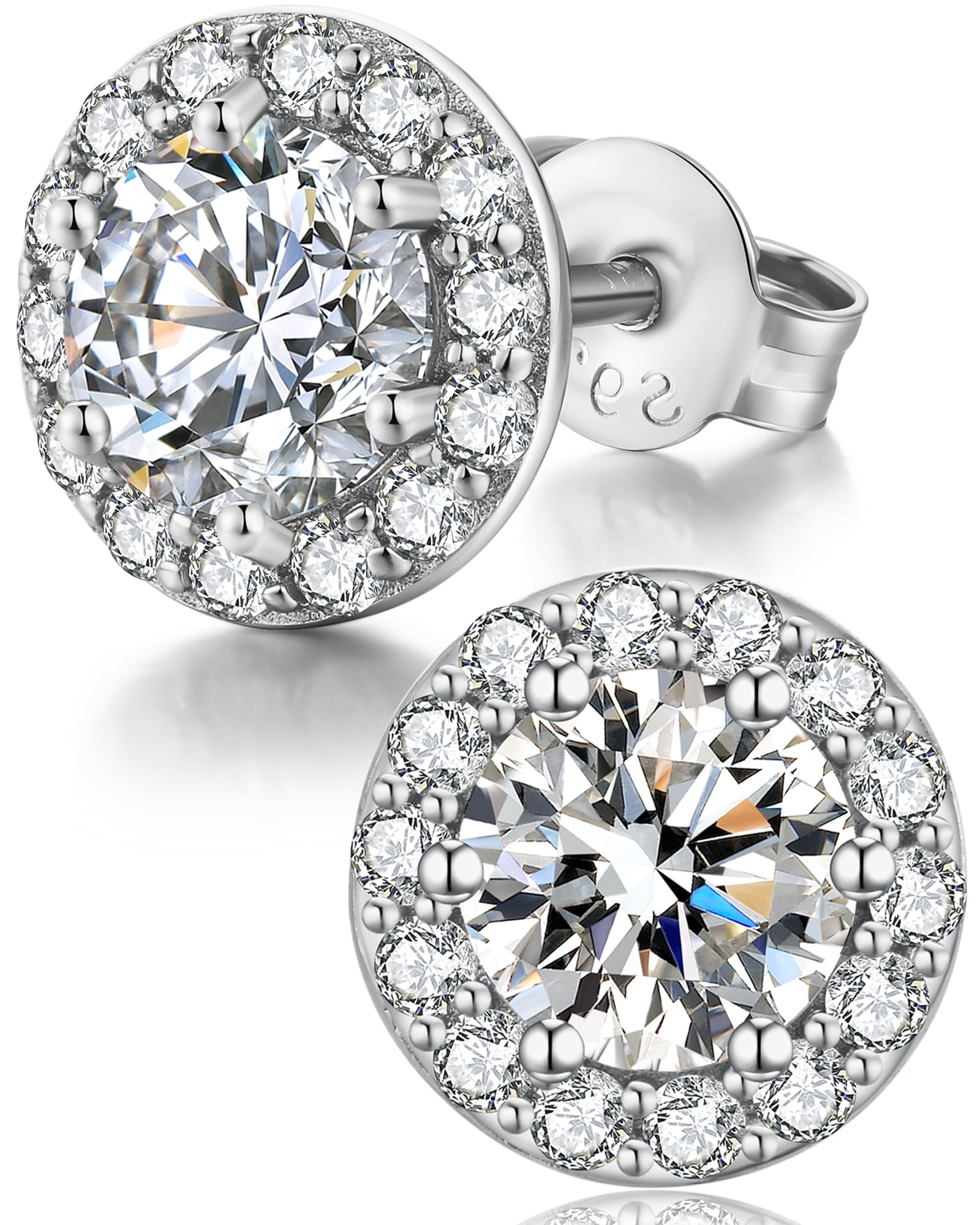Halo Stud Earrings for Women 925 Sterling Silver Round Cubic Zirconia Diamond Earrings Hypoallergenic Crystal CZ Studs Halo Jewellery Gifts for Men