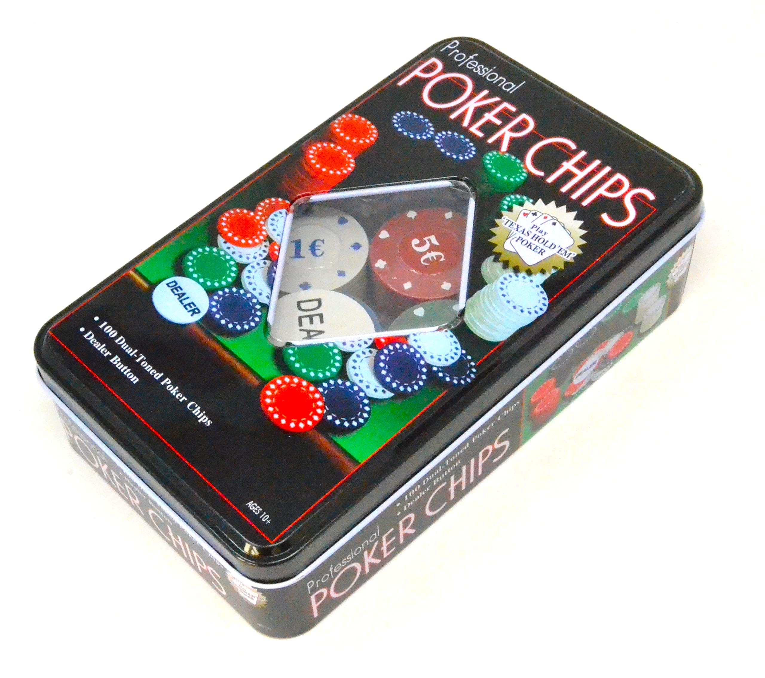 BETTER WITH FRIENDS 100 Playing Poker Chips (Texas Hold'em' Poker 1e 5e 10e 25e and Crupier Chips in Metal Box.Adults Professional