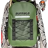 Buffalo Gear Waterproof Fishing Backpack with Rod Holder, 26L Fly Fishing Tackle Storage, 12.2x7.5x18.9in, Green