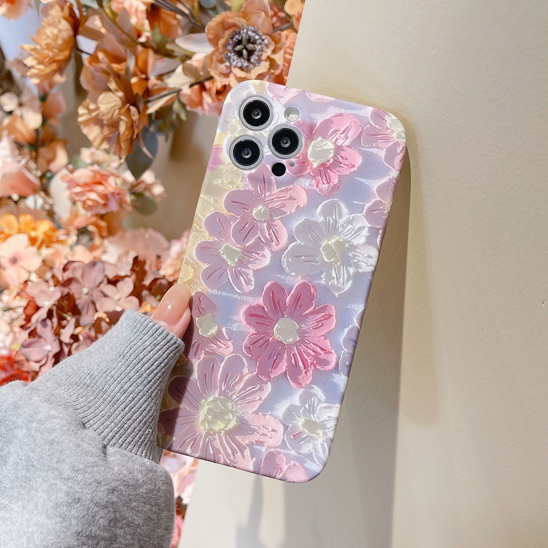 EYZUTAK Case for iPhone 13 Pro Max, Colorful Oil Painting Flower Pattern Cute Exquisite Floral Blossom Phone Cover Stylish Durable Soft Liquid Silicone Gel Protective Case for Girls Women - Pink