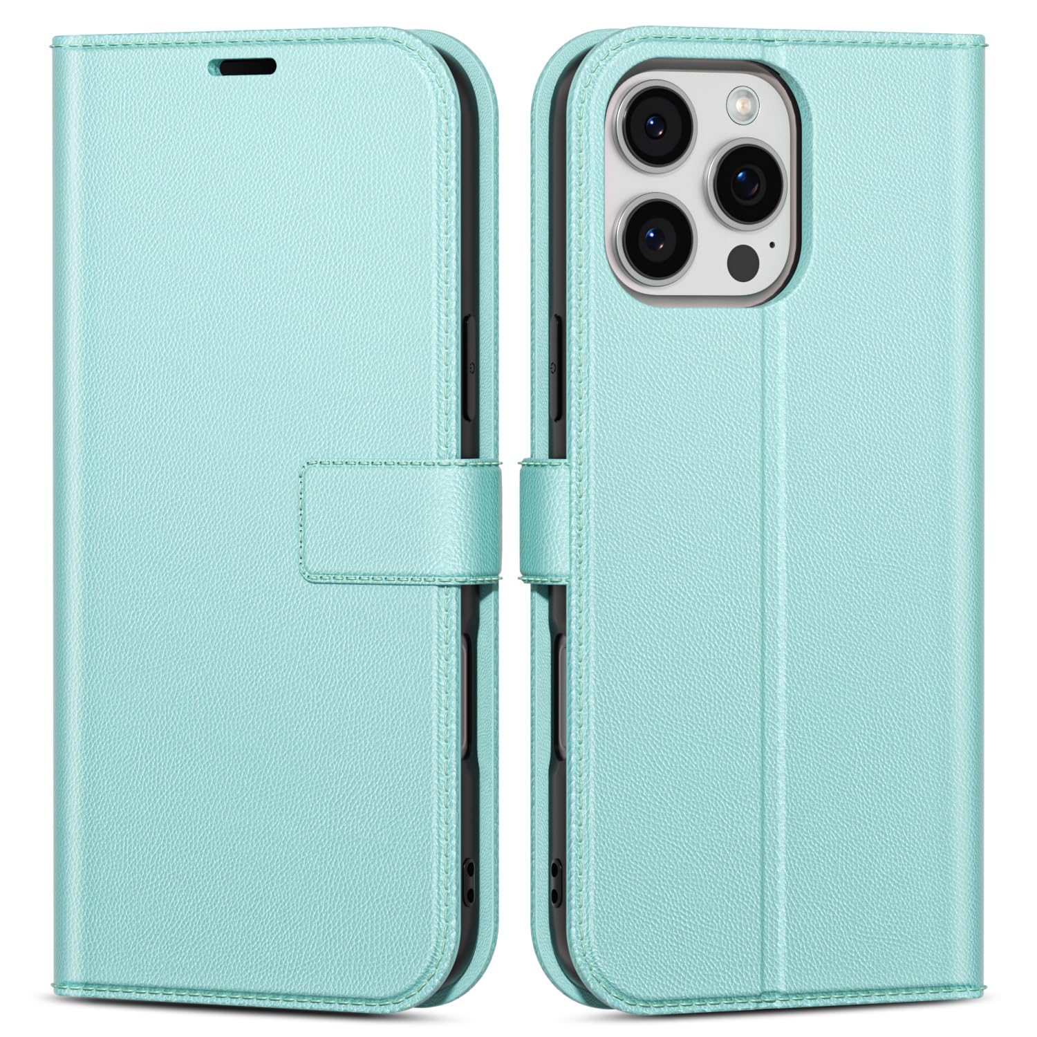 oakxco for iPhone 16 Pro Wallet Case with Credit Card Holder, Magnetic RFID Slim Folio Book Flip Leather Phone Case for Women Men Girl, Cute Soft Silicone Rubber Shockproof Cover, Mint Green