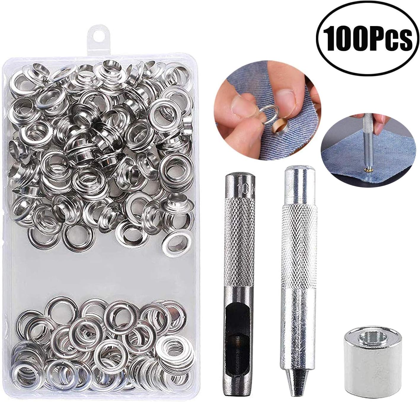 QCBO eyelet tool set, grommet setting tool and 100 sets of eyelets with storage box (10 mm inner diameter)