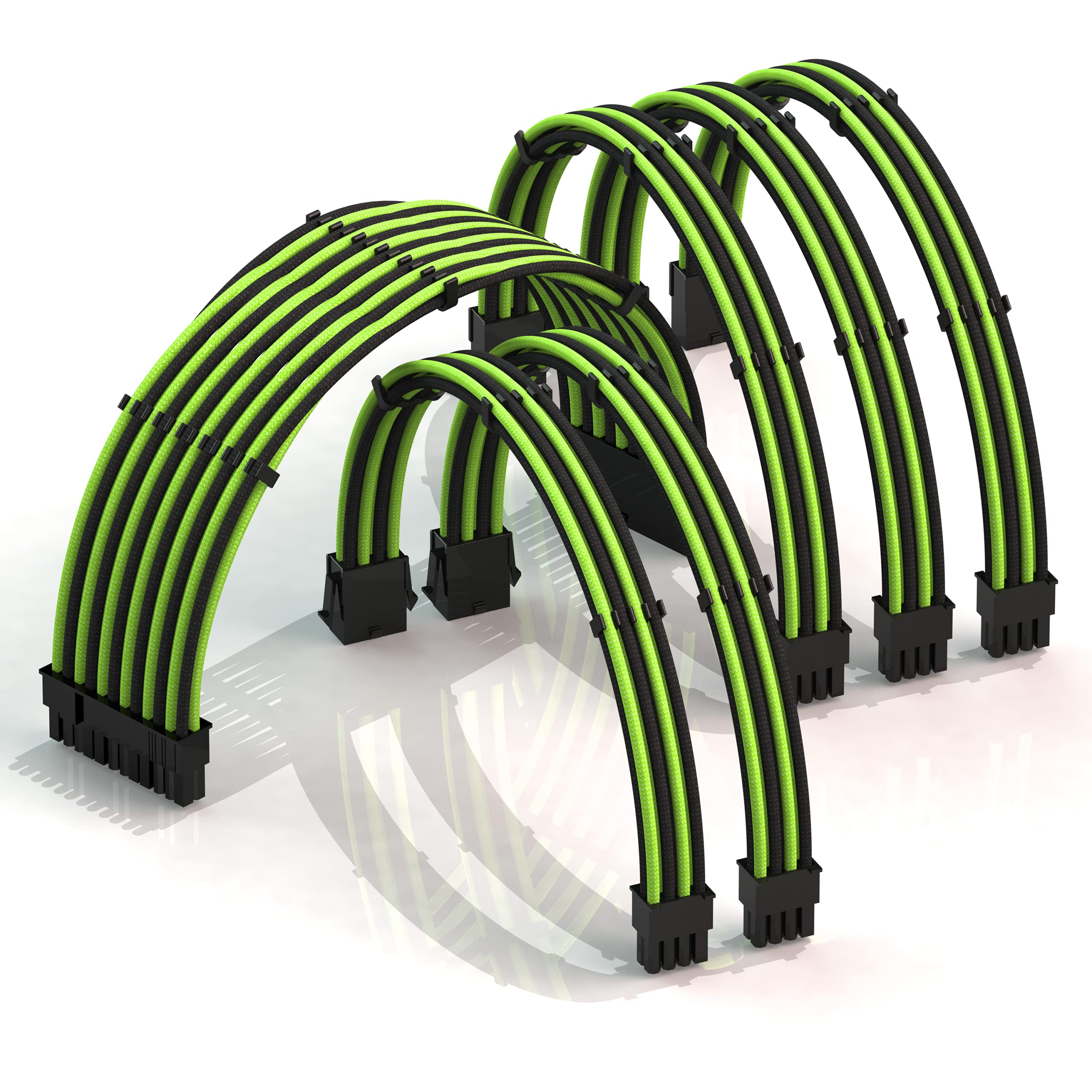 LINKUP - AVA 30cm PSU Cable Extension Sleeved Custom Mod GPU PC Braided w/Comb Kit - Compatible with RTX3090 | 1 x 24 P (20+4) | 2 x 8 P (4+4) CPU | 3 x 8 P (6+2) GPU set | 300mm - GreenBlack